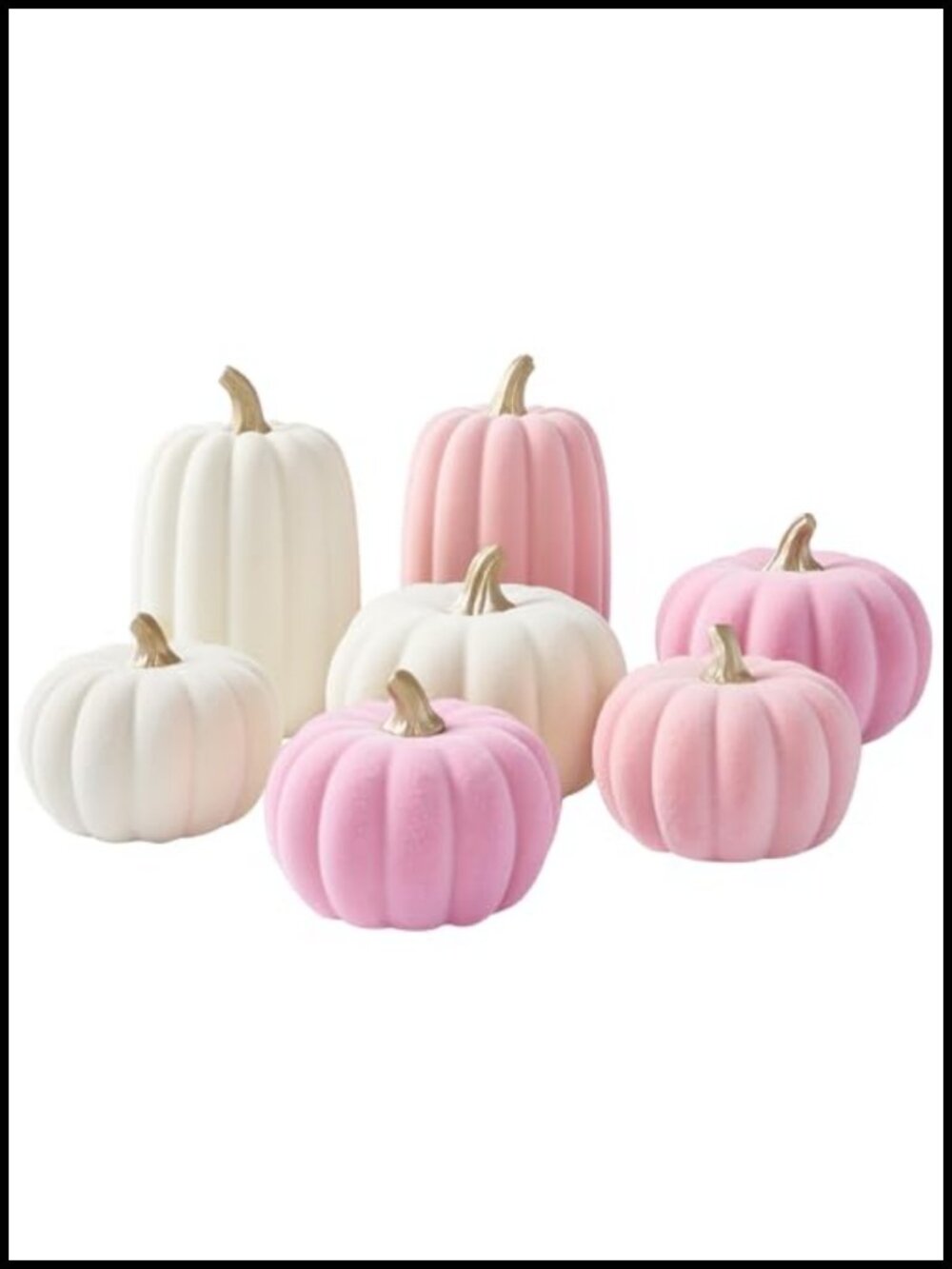 7PC Flocked Faux Pumpkins Thanksgiving Fall Decor Set Resin Gold Stems